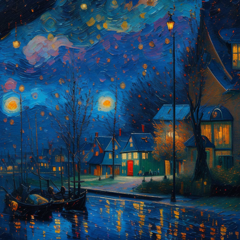 Tranquil village under vivid starry night sky