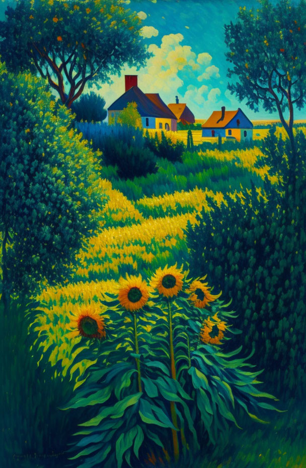 Colorful sunflower field painting with red-roofed house and trees under blue sky