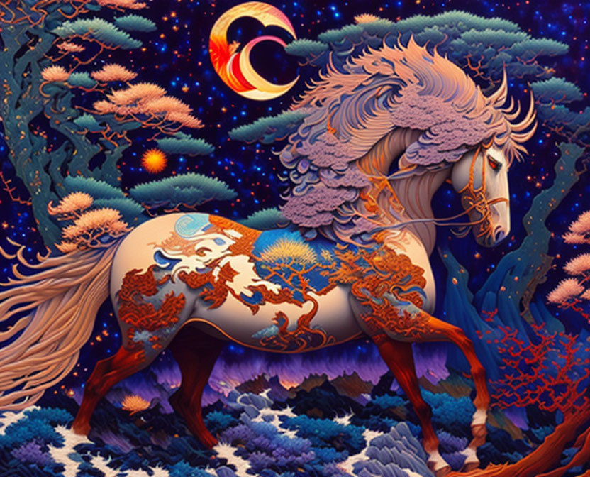 Fantasy illustration of majestic horse with celestial-themed body art