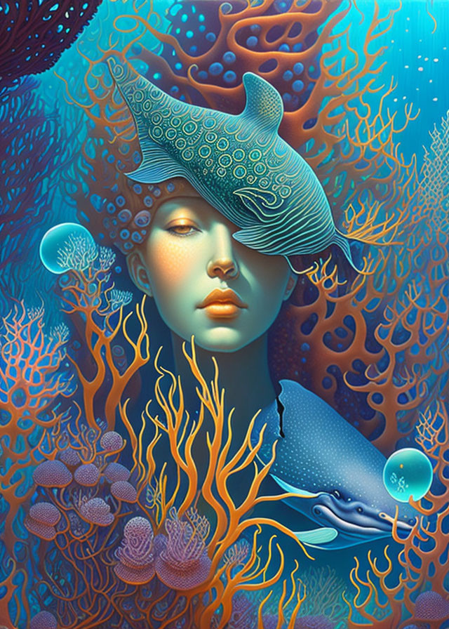 Surreal portrait of woman with marine life and coral elements in hair