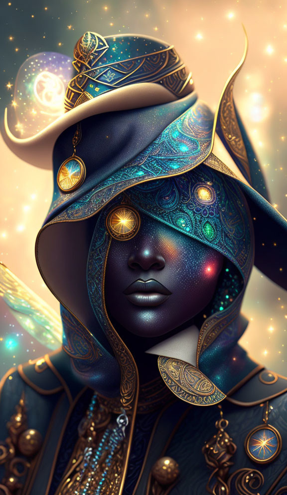 Mystical figure with celestial ornaments and galaxy cloak in starry background