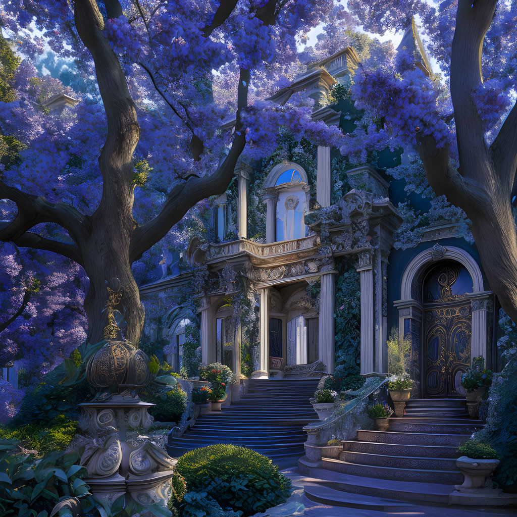 Majestic classical mansion with lush purple blossoms and grand staircase