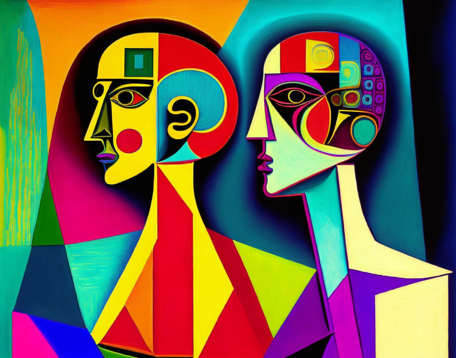 Abstract Cubist Painting: Colorful Faces & Geometric Shapes