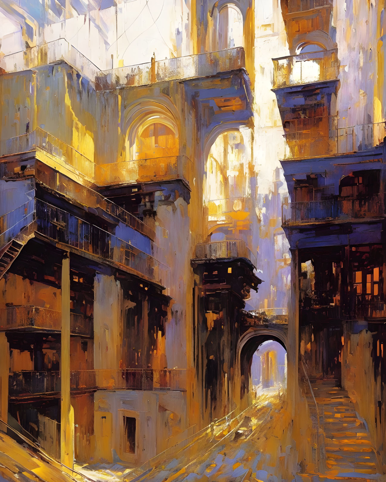 Urban street painting with tall, weathered buildings and arches in sunlight