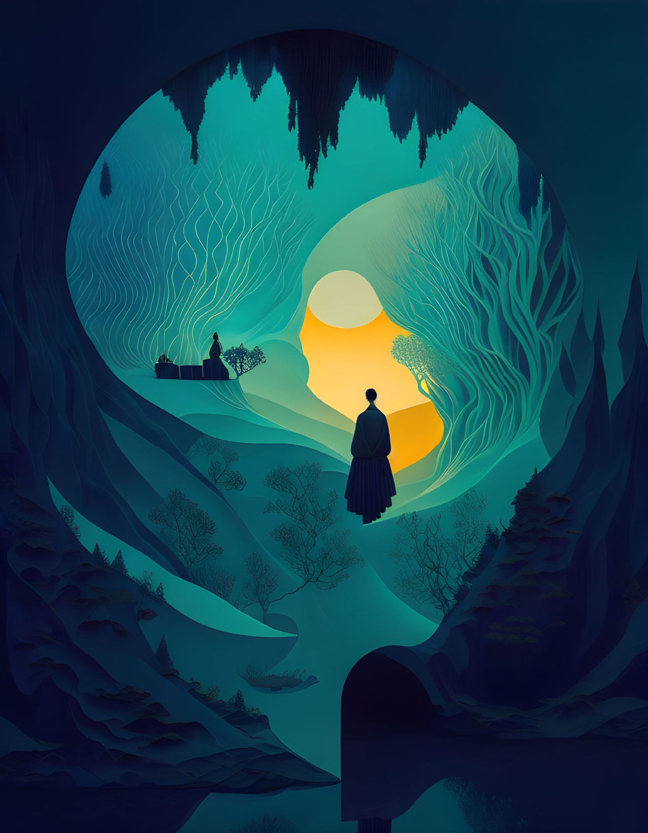 Illustration of person at surreal portal with fantastical landscape