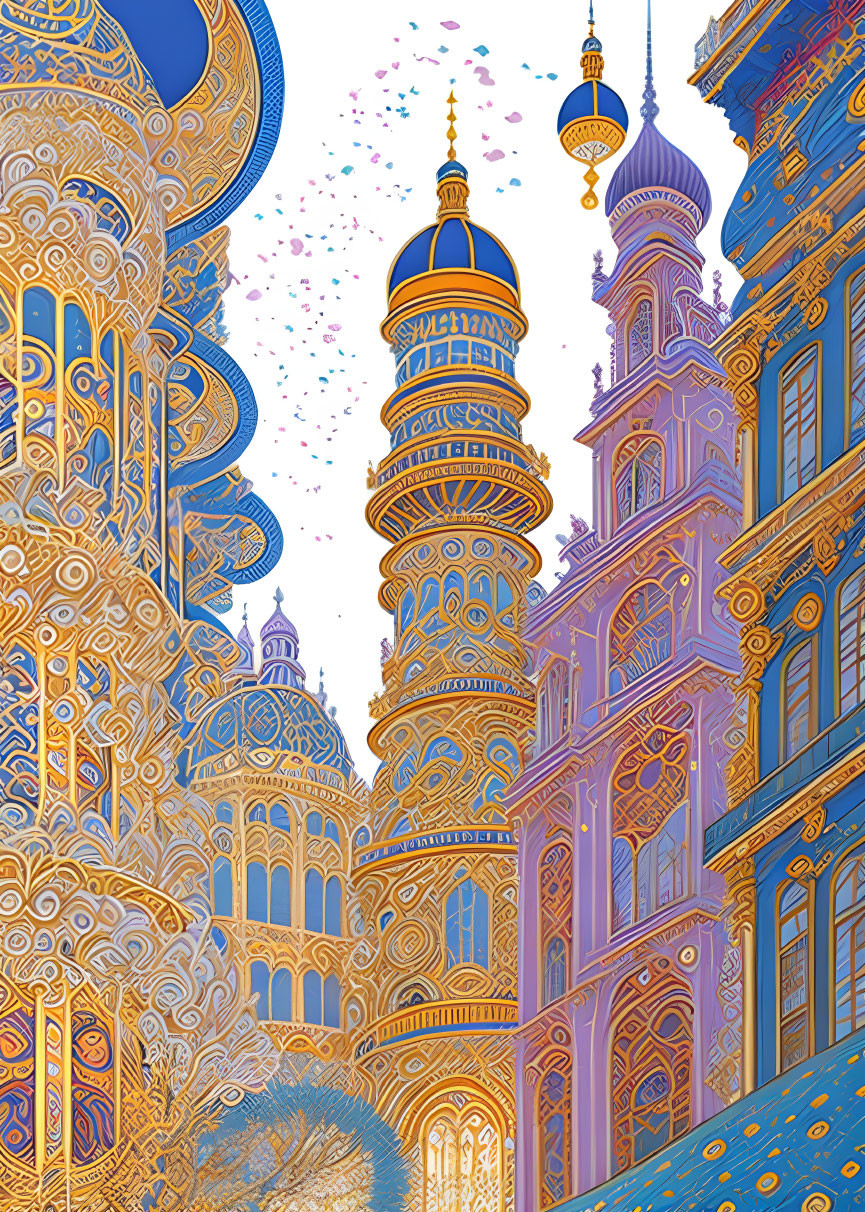 Colorful Illustration of Whimsical Architecture and Fantastical Tower