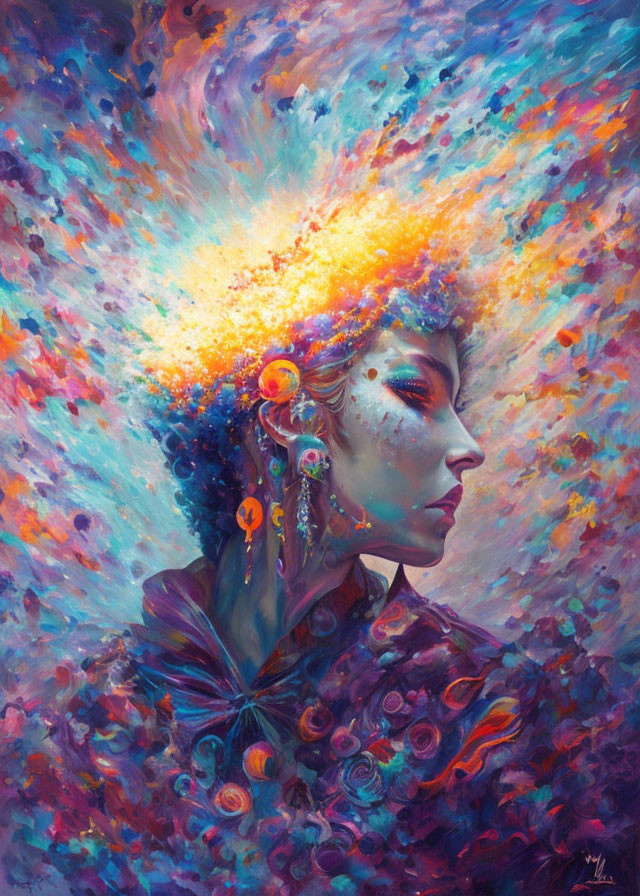 Colorful Woman Profile with Cosmic Nebula Explosion