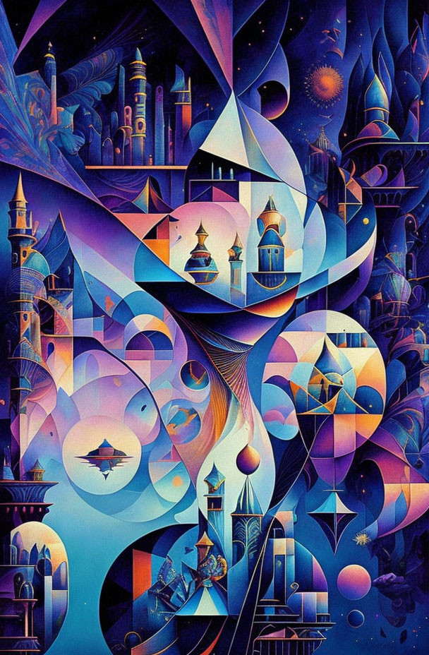 Colorful Abstract Art: Flowing Shapes, Domes, and Arches in Blues, Purp