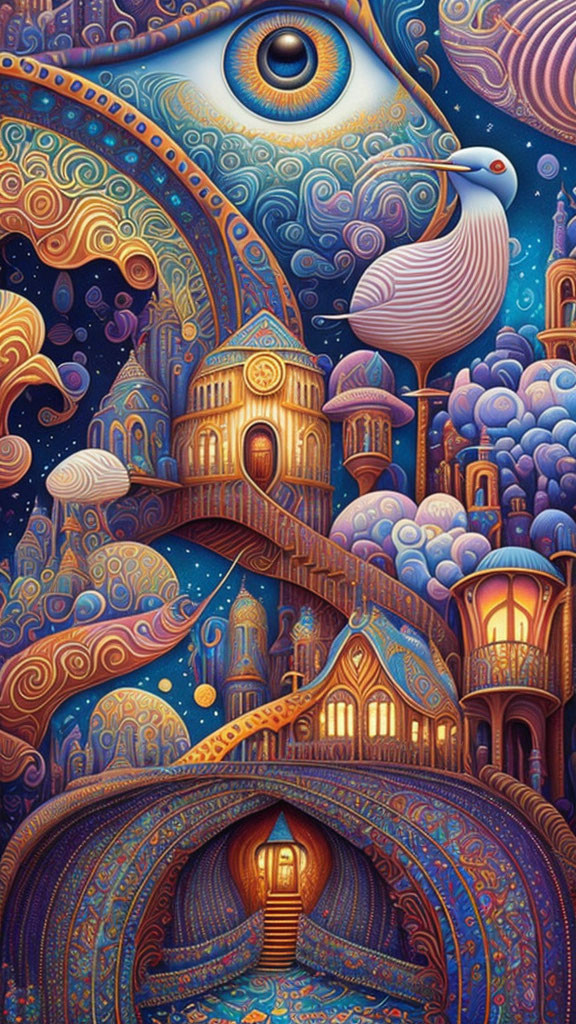 Vibrant surreal artwork: eye in sky, white bird, whimsical architecture & clouds.