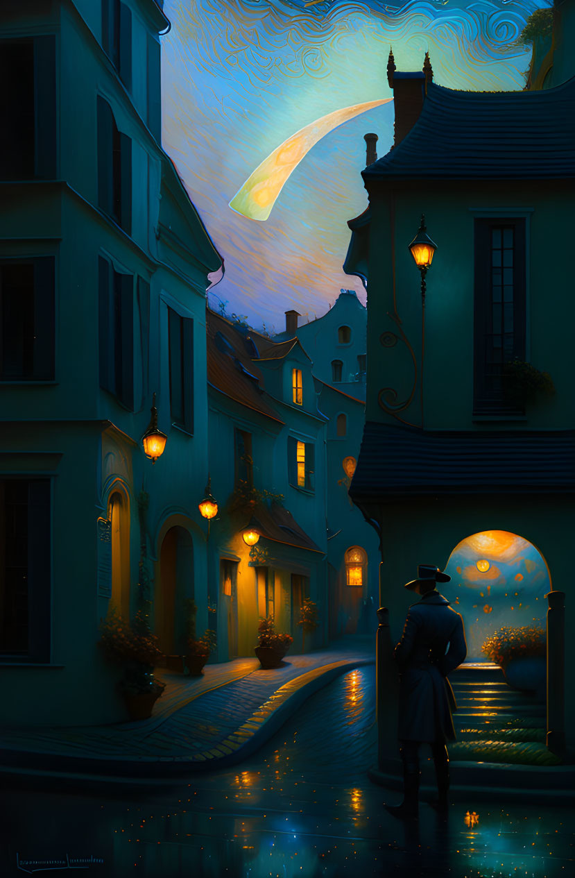 Person in hat on cobblestone street at night with glowing lamps and European buildings under starry sky