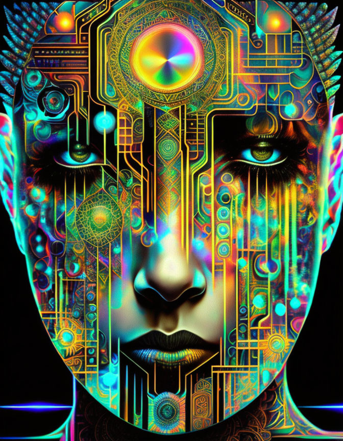 Vividly colored digital artwork blending human features with intricate circuitry patterns