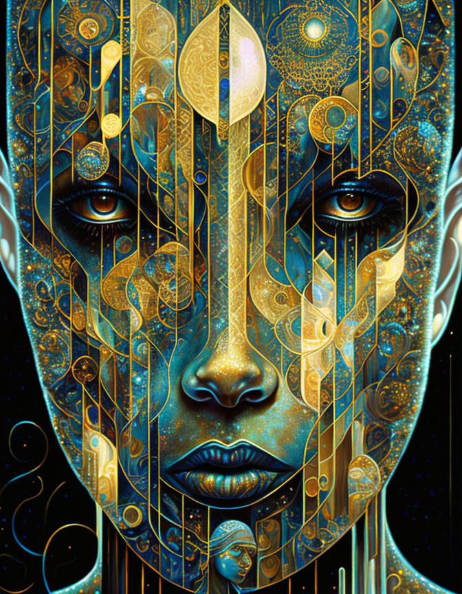 Intricate golden patterns on surreal face against cosmic backdrop