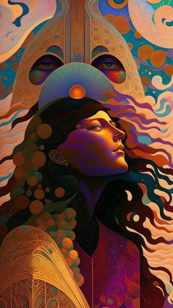 Colorful profile view illustration of woman with flowing hair in cosmic backdrop