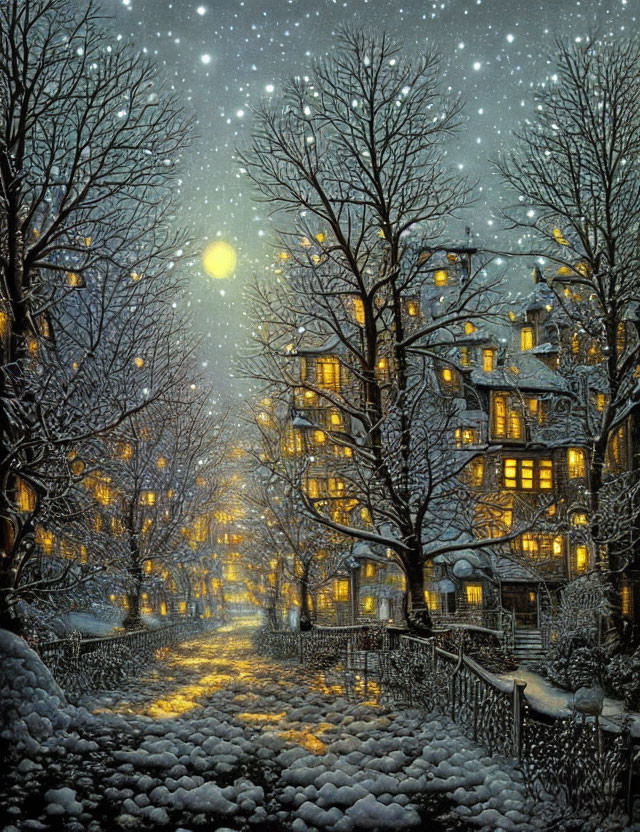 Snow-covered street at night with glowing windows and bare trees.