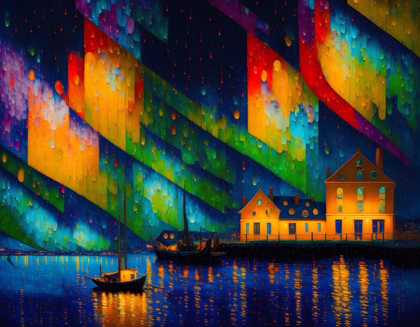 Colorful artwork: House by water, rainbow sky, anchored boats