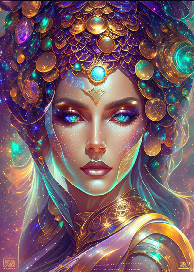 Blue-skinned mystical female with celestial headdress on cosmic backdrop