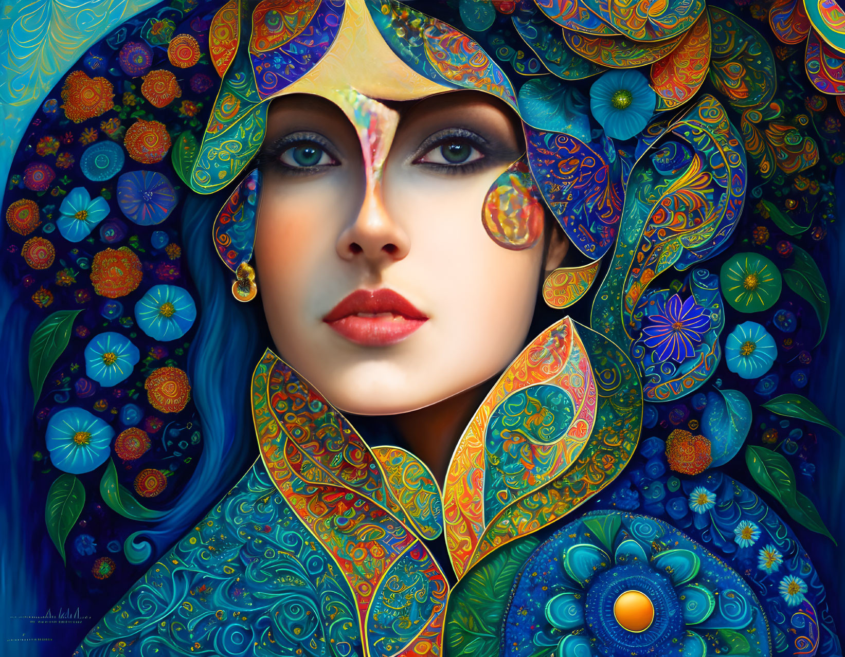 Colorful digital artwork: Woman with blue eyes in psychedelic floral patterns