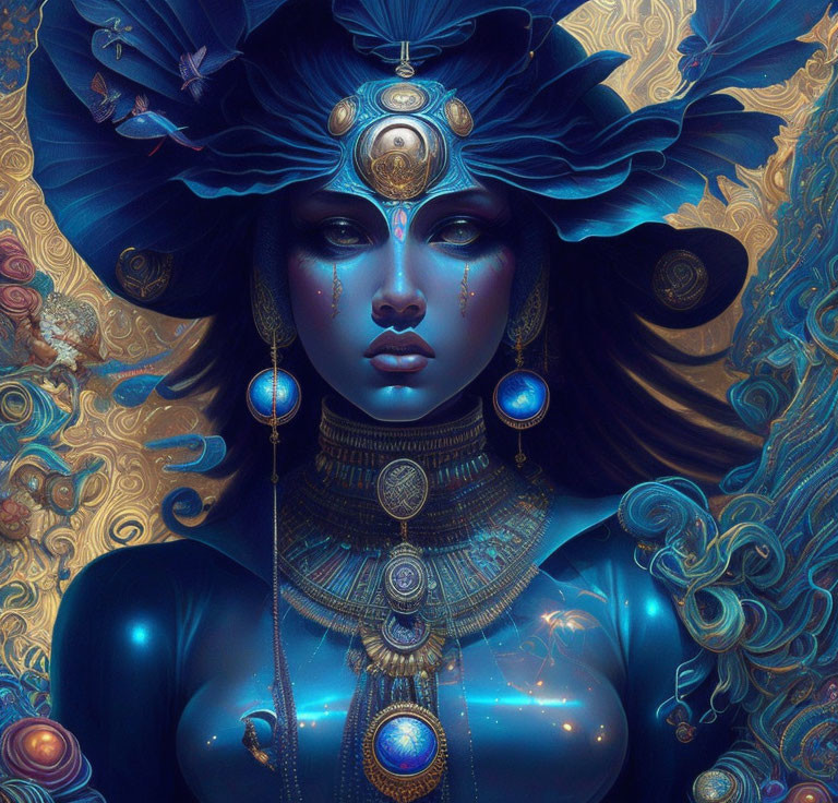 Fantasy Artwork: Woman with Blue Skin, Gold and Blue Adornments, Surrounded by