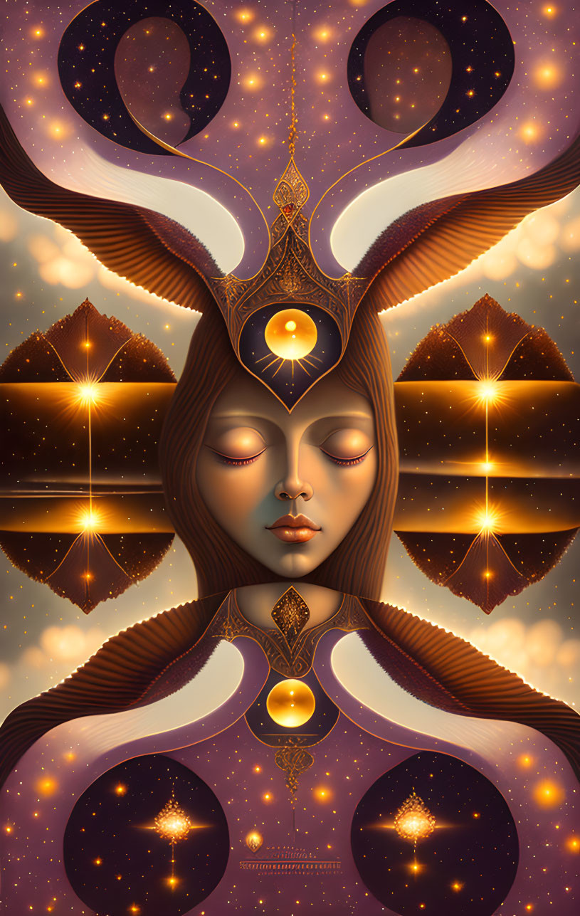 Symmetrical cosmic artwork of a woman's face with closed eyes