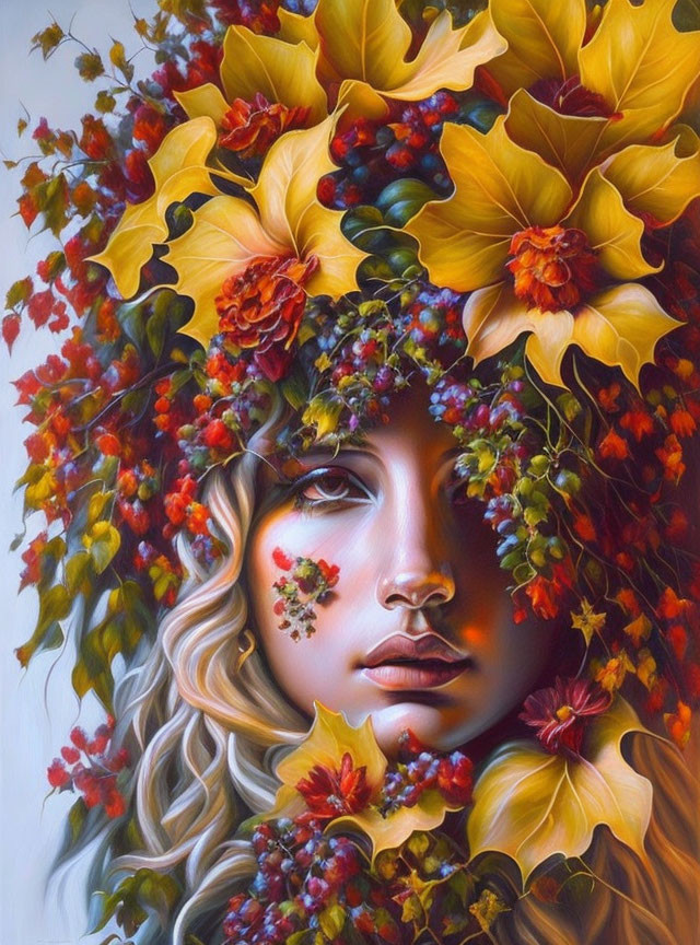 Woman with flowing hair adorned with autumn leaves, berries, and vines in a painting