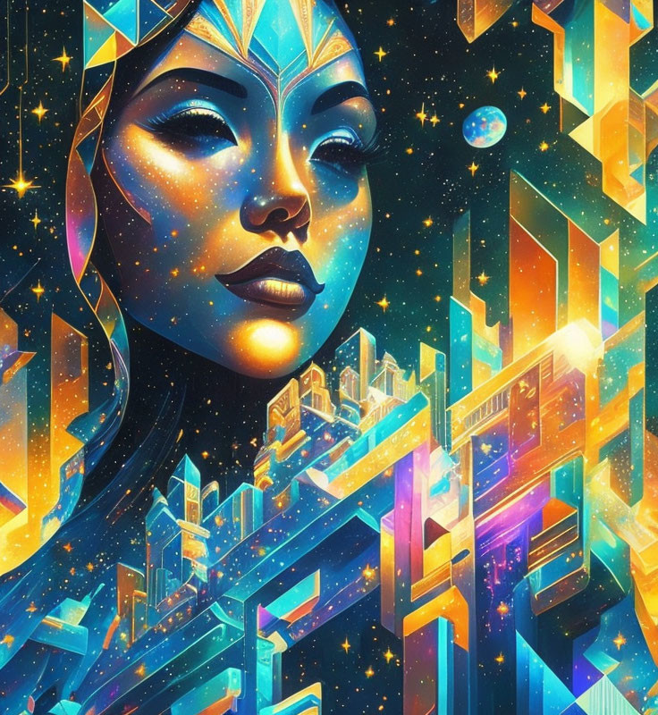 Colorful Woman's Face with Cosmic and Architectural Elements in Blues, Golds, and Neon H