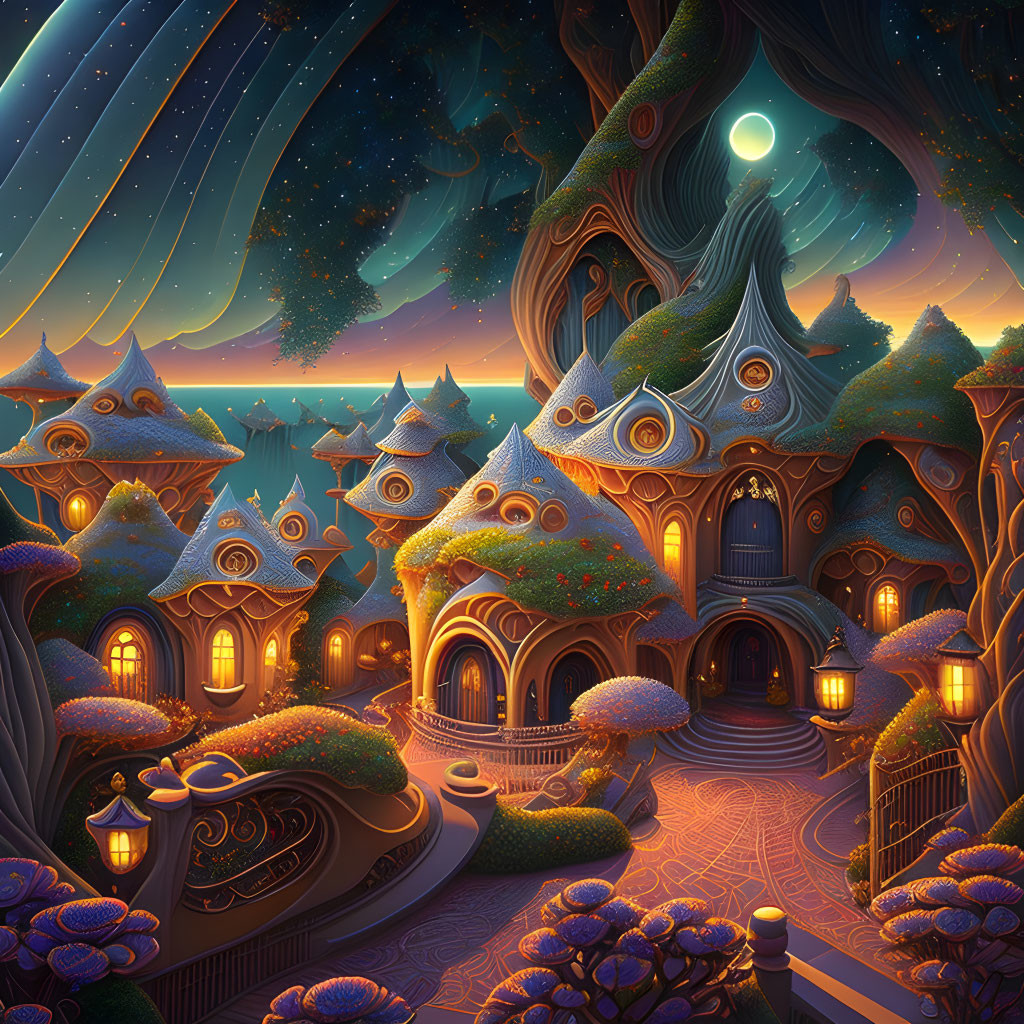 Illustration of Magical Treehouse Village at Night