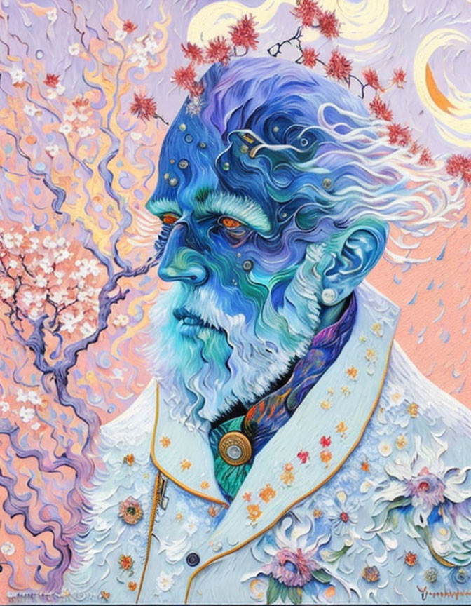 Colorful portrait of bearded figure with blue skin and floral motifs on pink sky background.