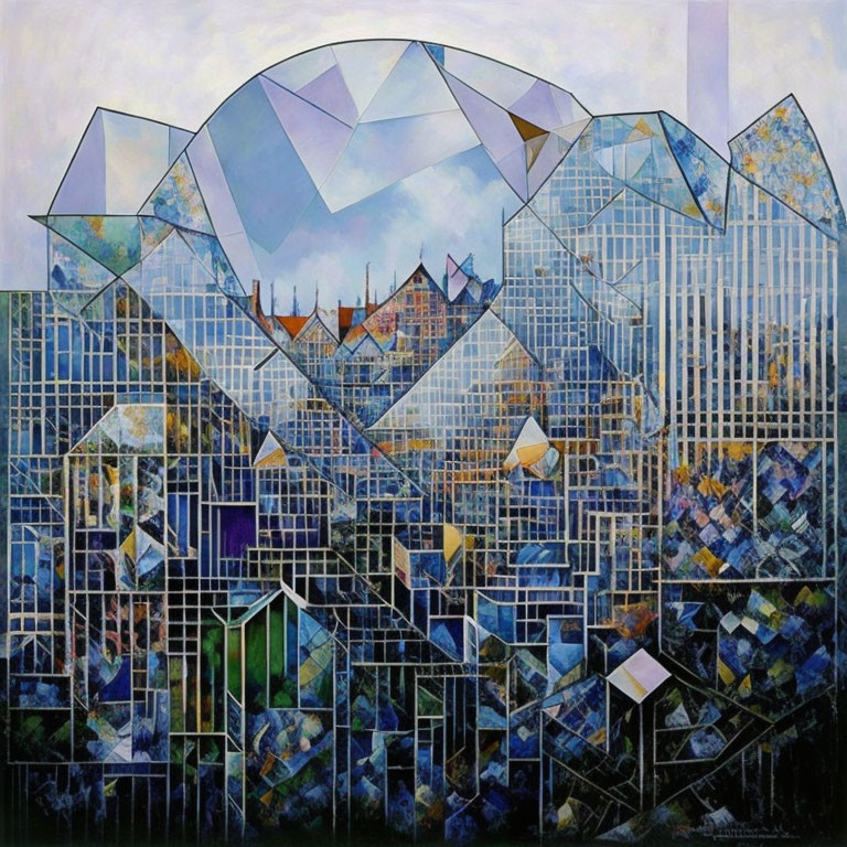 Geometric abstract painting with blue grid and cityscape shapes