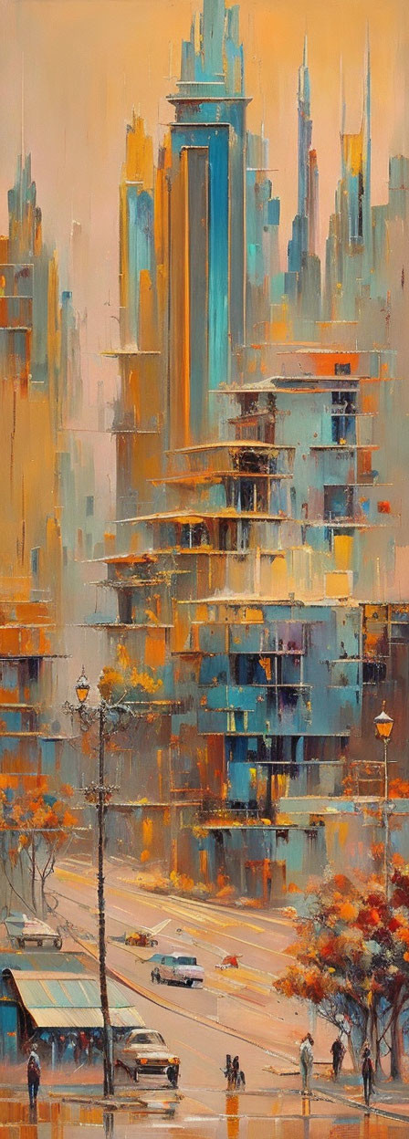 Vivid warm-toned impressionistic cityscape with skyscrapers, streets, cars, pedestrians,