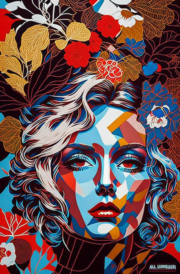 Vibrant stylized portrait featuring geometric and floral patterns