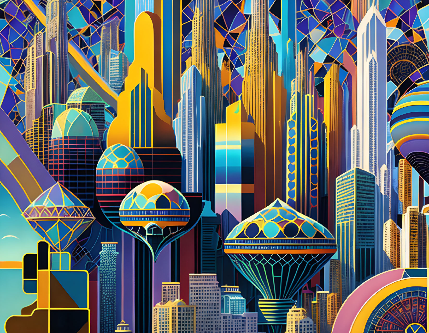 Vibrant futuristic cityscape with geometric buildings and floating structures