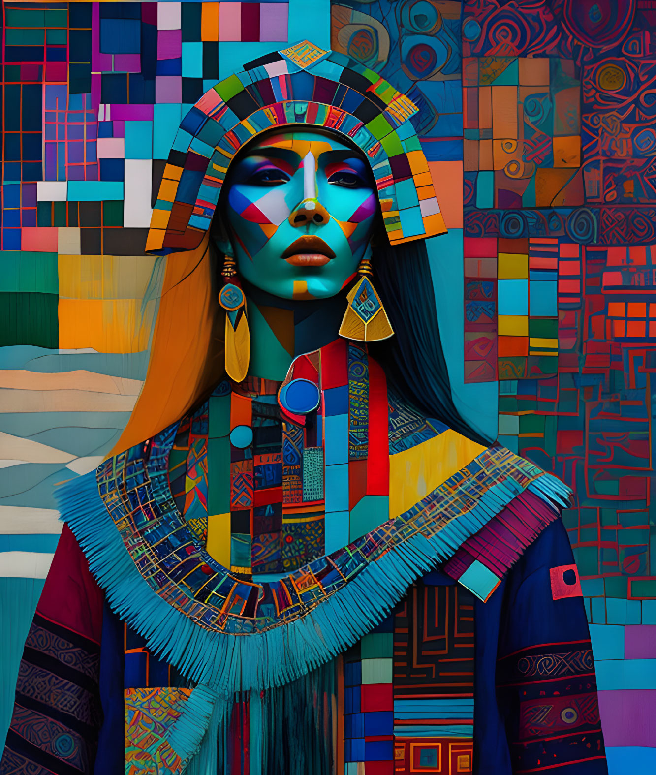 Vibrant digital portrait: Woman in Native American headdress & geometric patterns