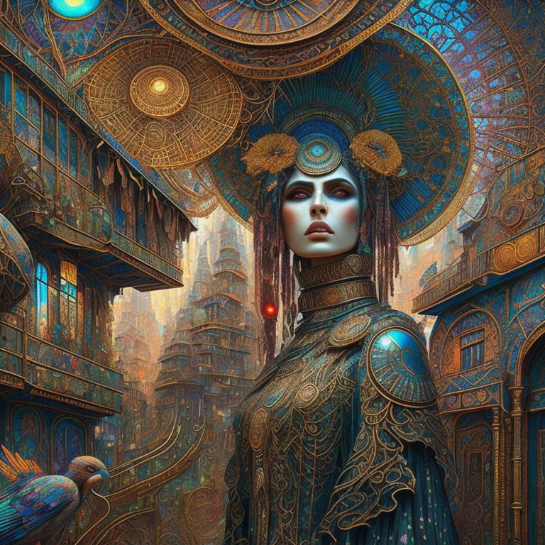 Woman in Elaborate Headdress and Armor in Steampunk Gothic Setting