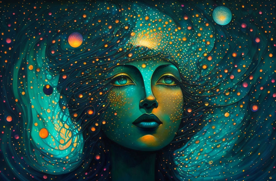 Surreal cosmic artwork: Woman's face, closed eyes, swirling stars in teal and orange