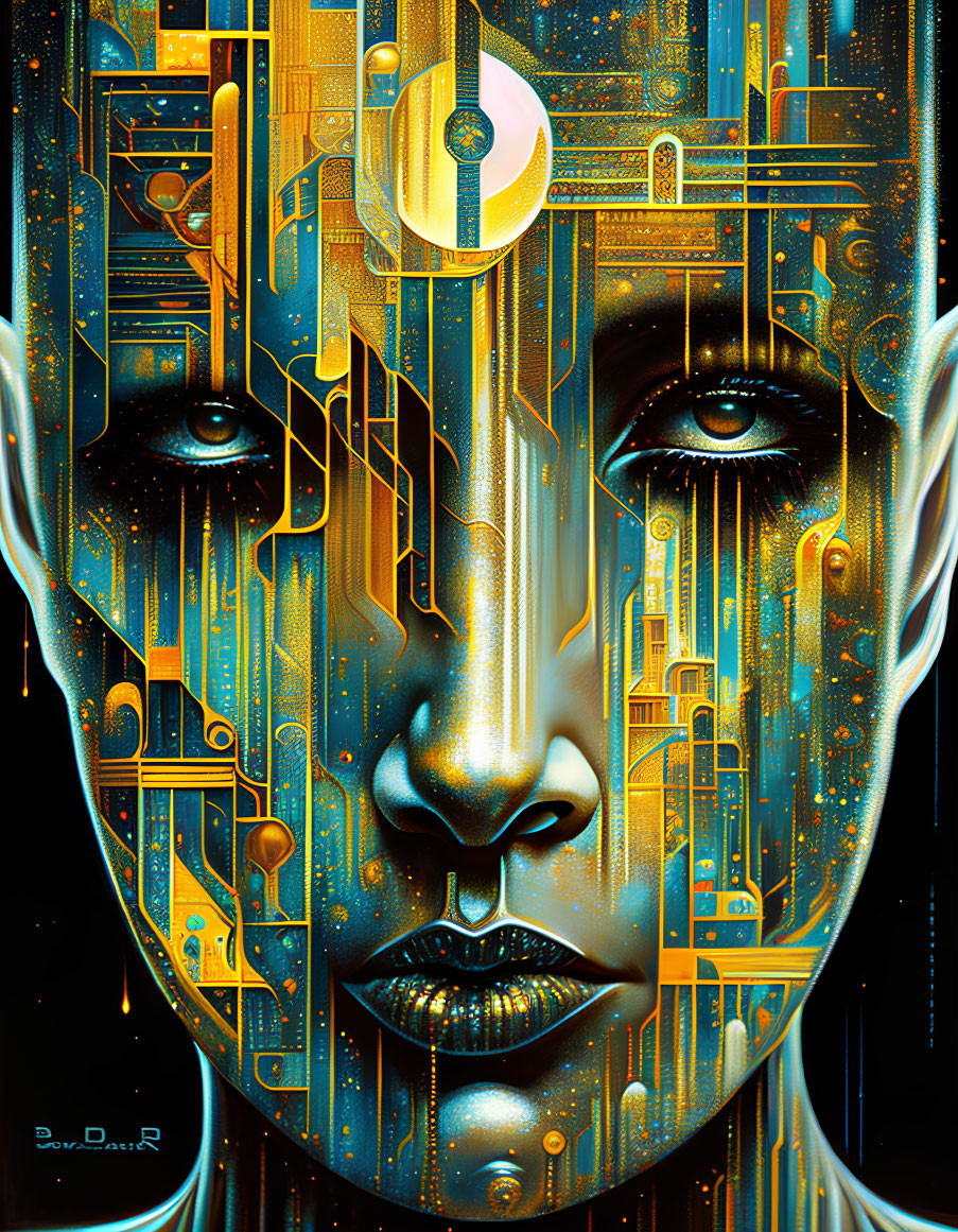 Surreal cybernetic portrait with golden hues and futuristic cityscape elements