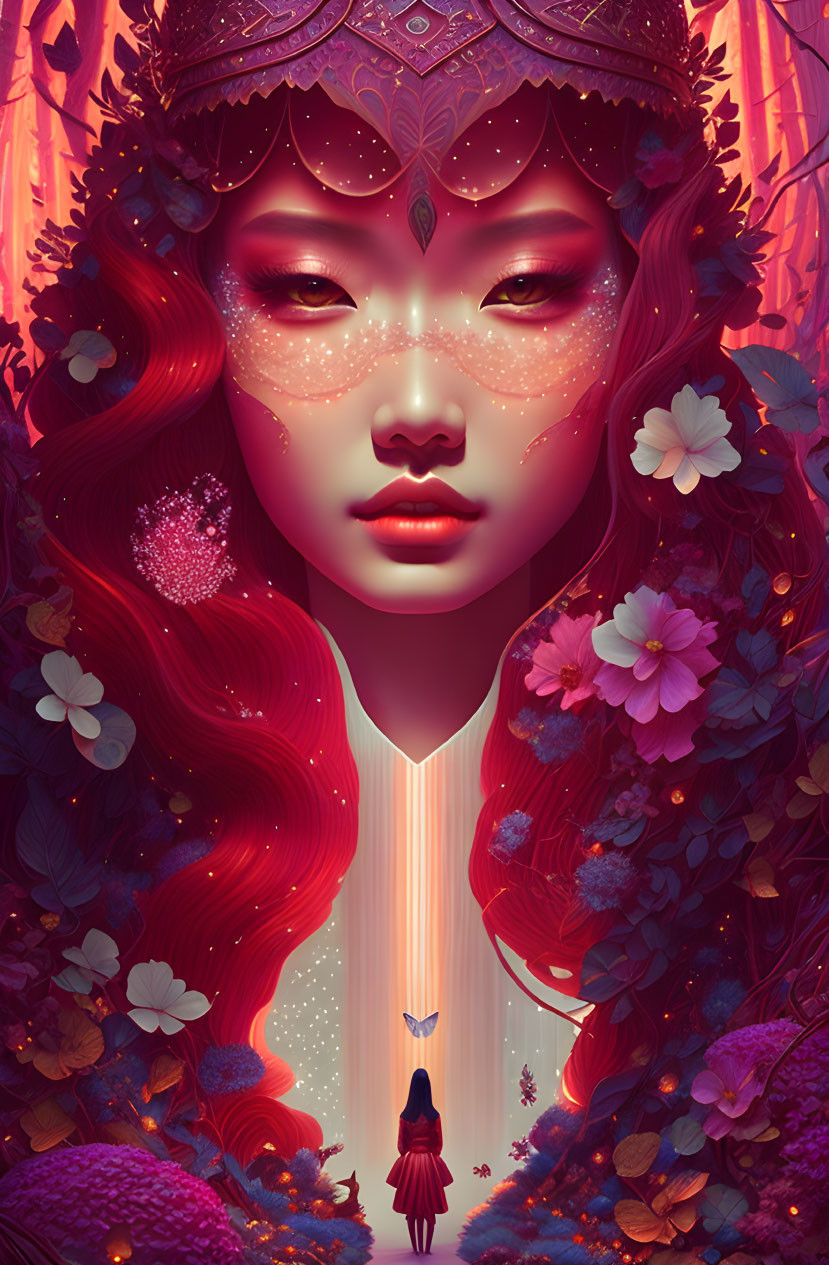 Vibrant fantasy illustration of a woman with red hair and purple flowers