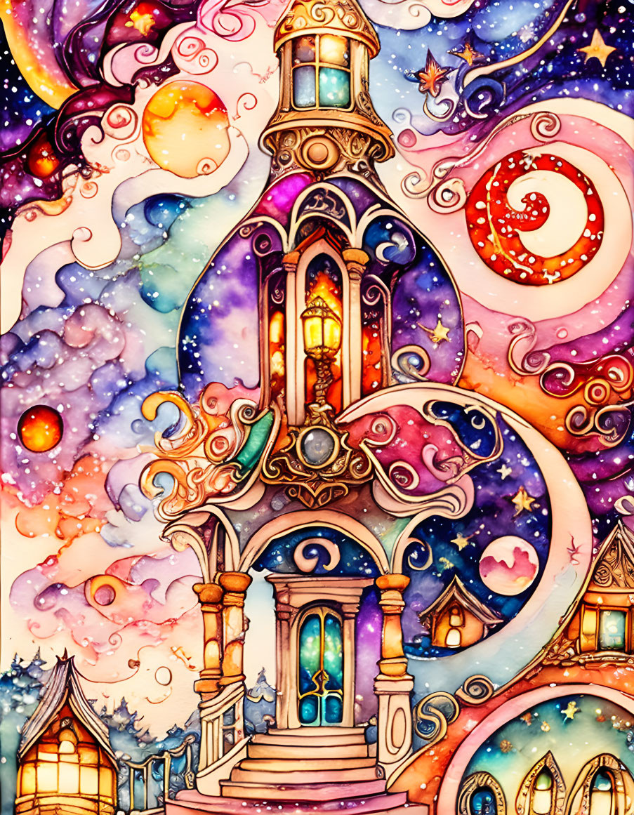 Colorful illustration of lantern-topped tower in fantasy setting