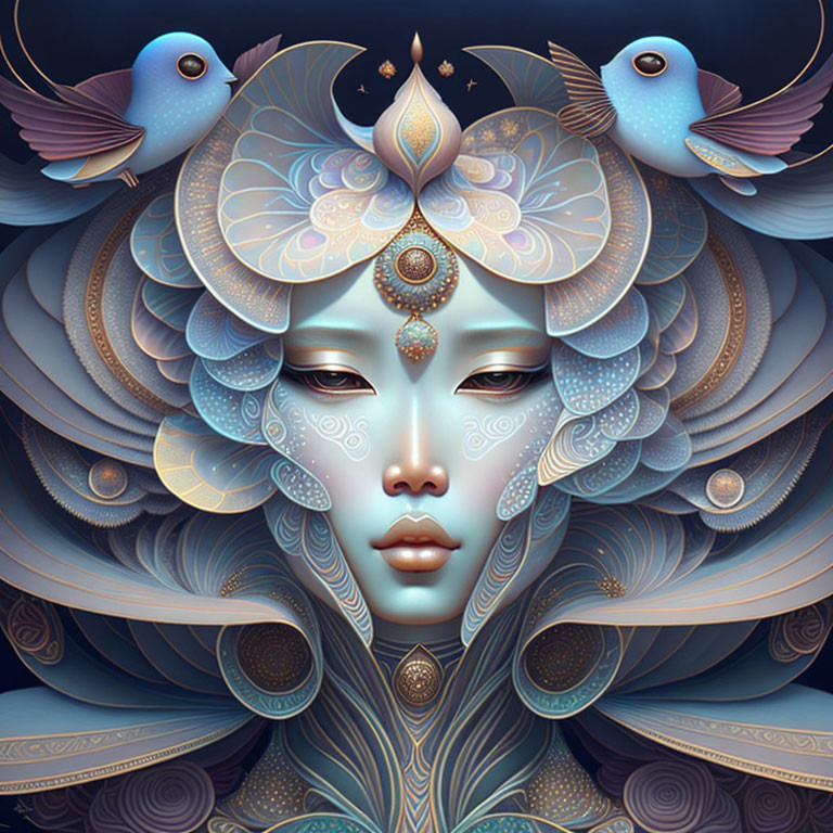 Symmetrical fantasy female figure with blue and gold headpiece and bluebirds