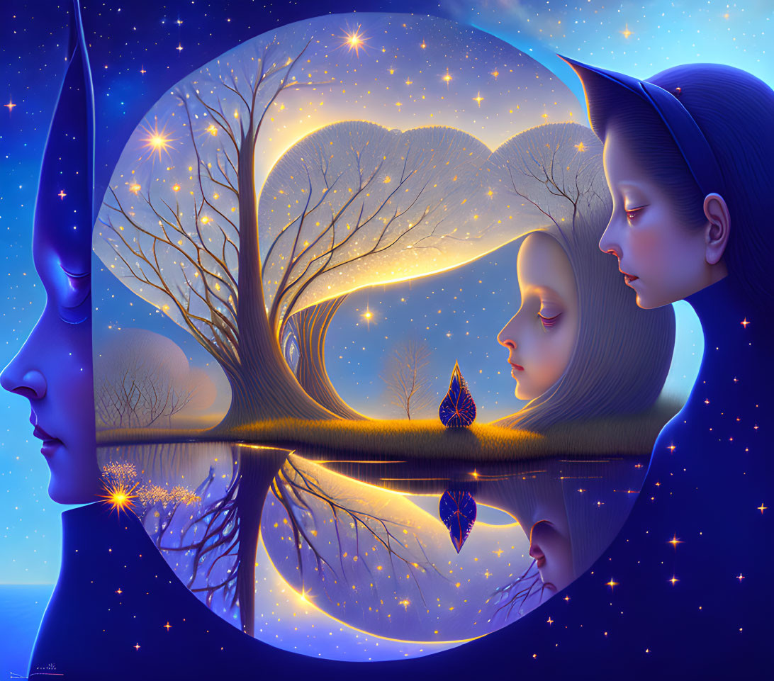 Surreal digital artwork: Two silhouetted faces with night scene and stars