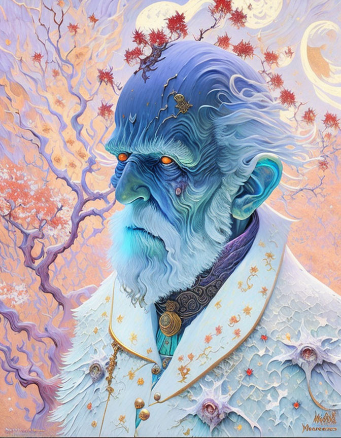 Blue-skinned bearded entity in elaborate attire under crescent moon