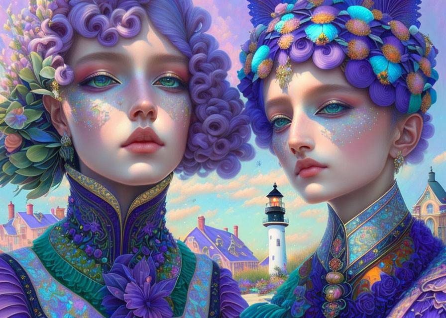 Detailed fantastical female figures with ornate floral headpieces and vibrant clothing in a whimsical lighthouse