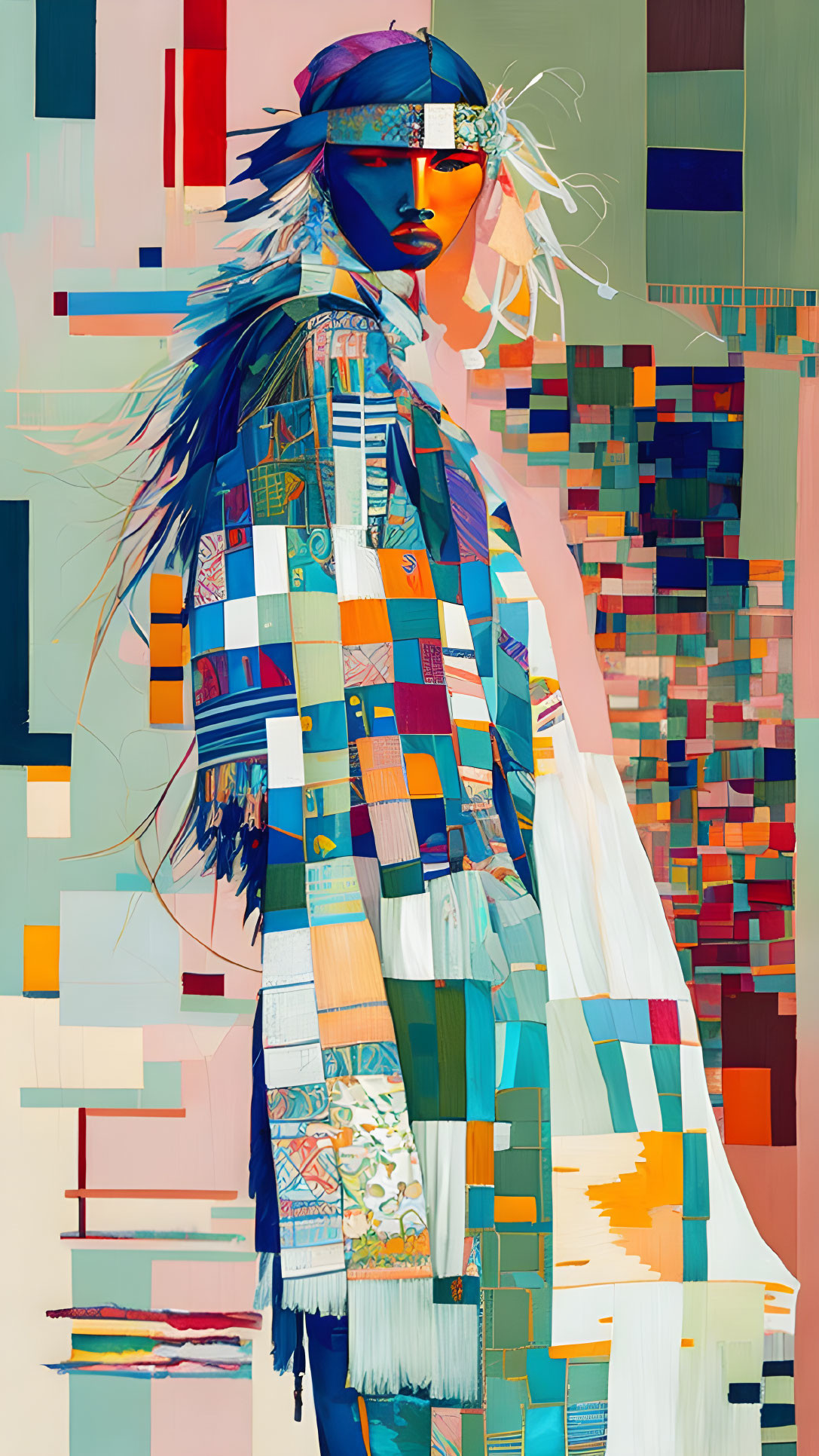 Colorful Geometric Portrait with Patchwork Design and Abstract Elements