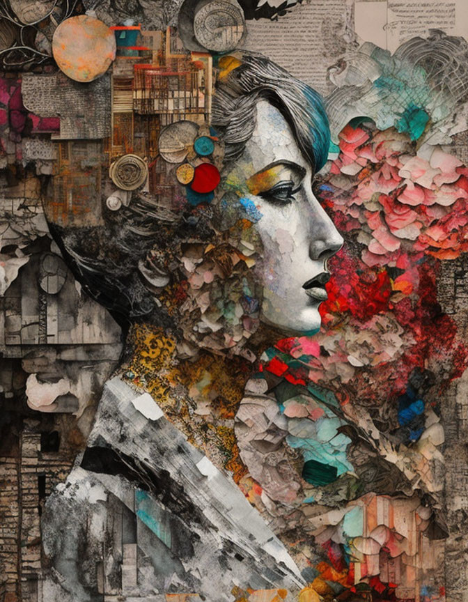 Collage-style artwork of woman's profile with abstract elements and vibrant colors