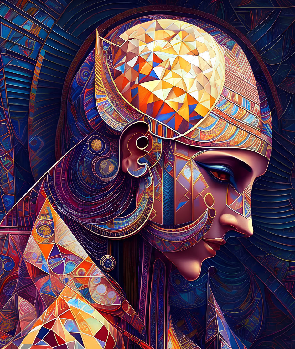 Colorful digital artwork of stylized female figure with geometric patterns and multifaceted helmet against ornate