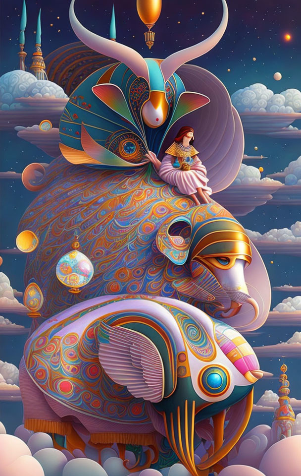 Vibrant digital art: woman on elephant, floating islands, stars