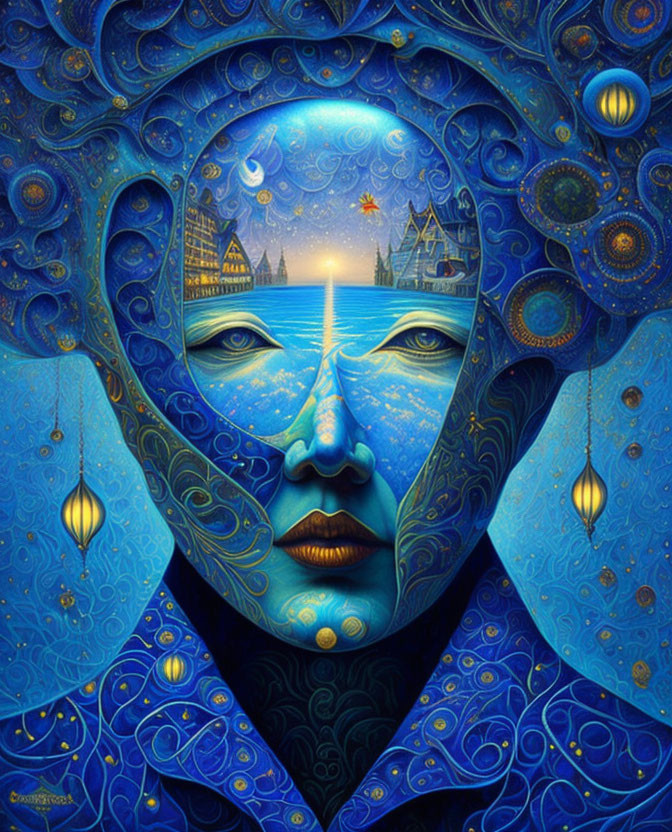 Surrealist artwork with blue starry face and night scene fusion