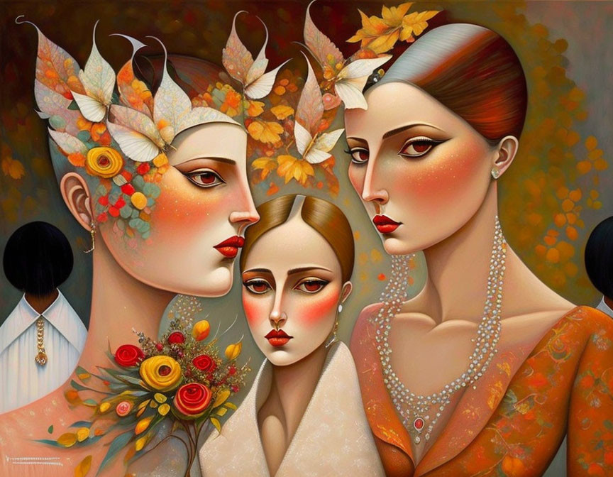 Three Women in Autumn-Themed Makeup and Attire with Leaves and Flowers