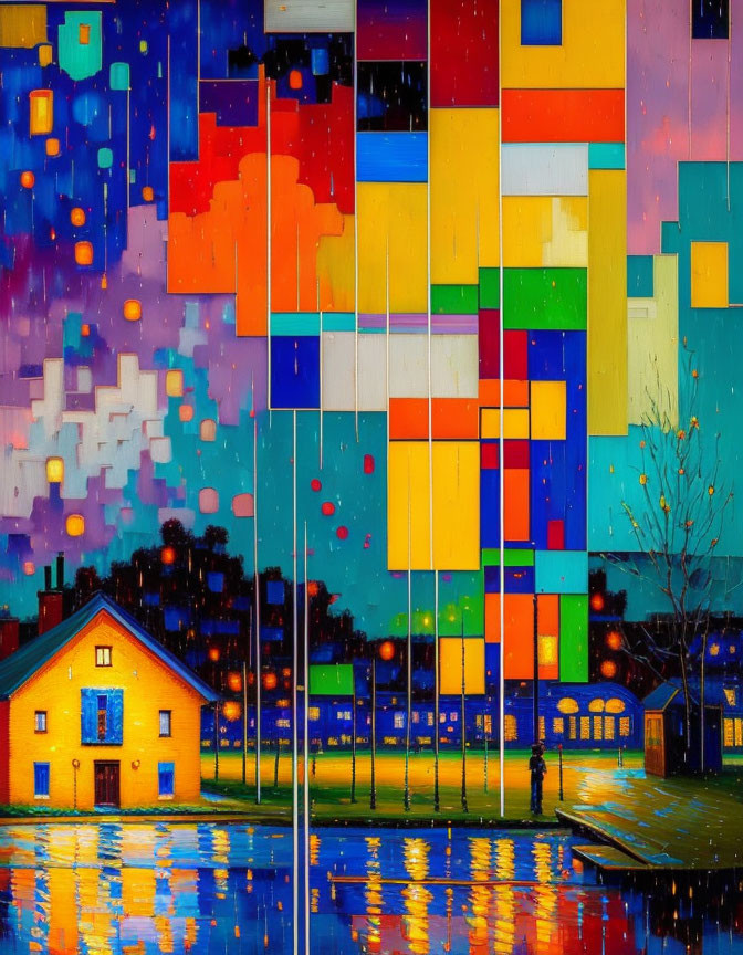 Colorful abstract painting featuring a house and figure by water