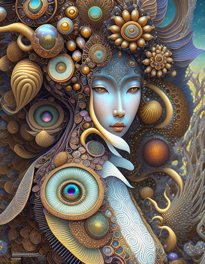 Fantasy female figure with ornate eye, floral, and swirling designs in blue, brown, and