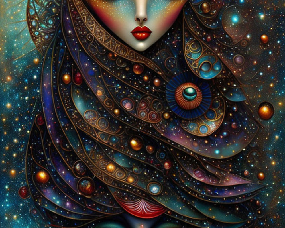 Stylized ethereal female faces with cosmic motifs on starry space backdrop